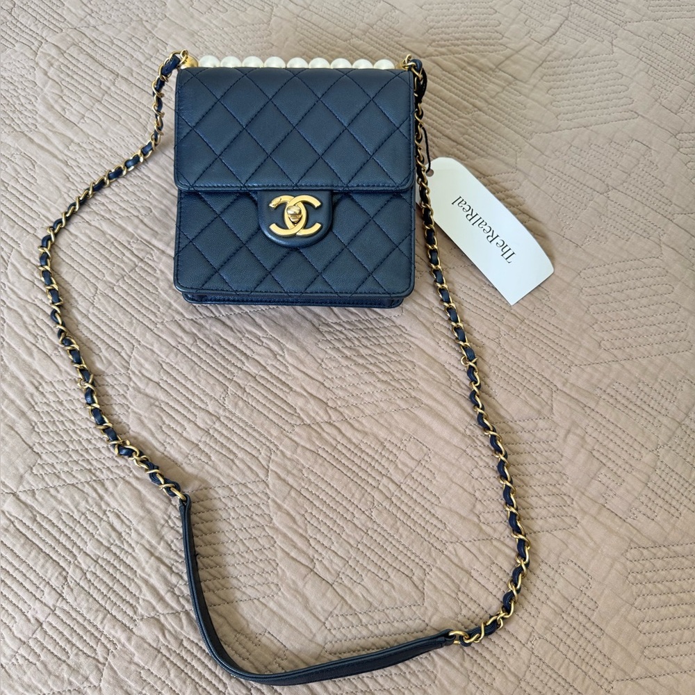 Chanel small Chic Pearls flap crossbody bag caviar skin golden tone hardware